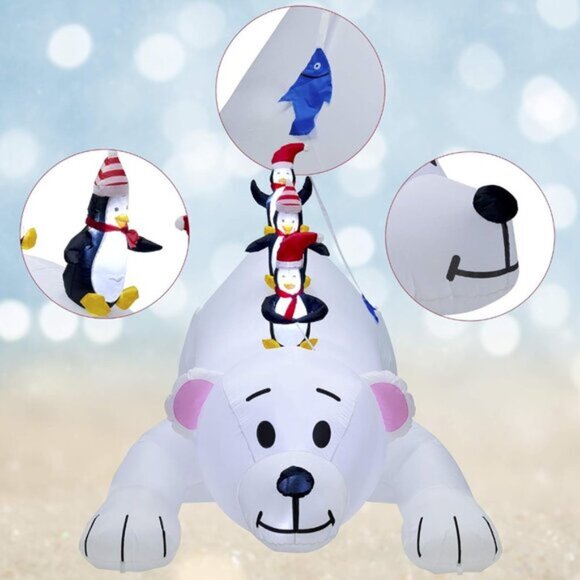 🆕7.7(L) x 6 FT(H) Inflatable Lighted Polar Bear with Three Penguin Decoration - Picture 8 of 11